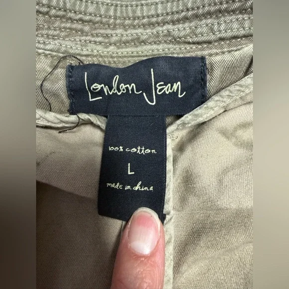 LONDON Jean Olive dyed distressed cropped double breasted utility Jacket size L - Picture 12 of 15